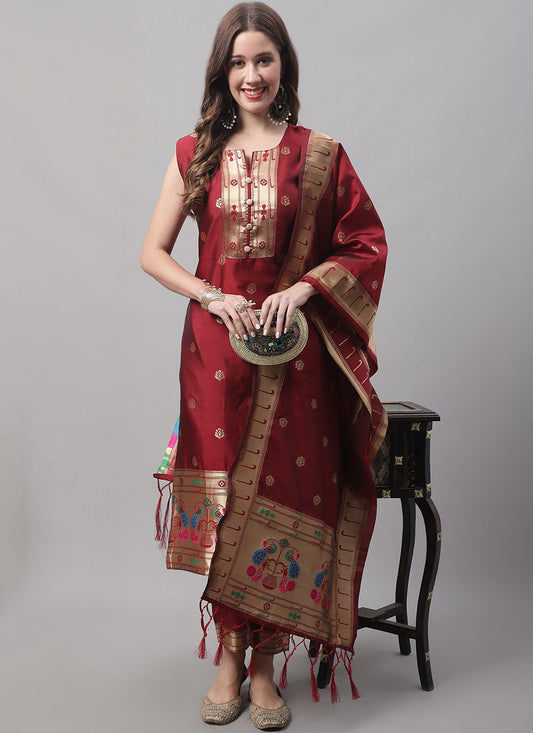 Pant Style Suit Jacquard Work Maroon T7568