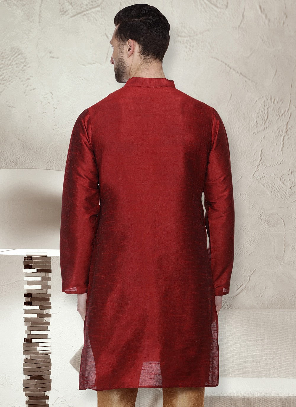 Machine Embroidery Dupion Silk Maroon Kurta - M5653