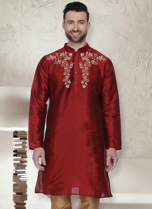Machine Embroidery Dupion Silk Maroon Kurta - M5653