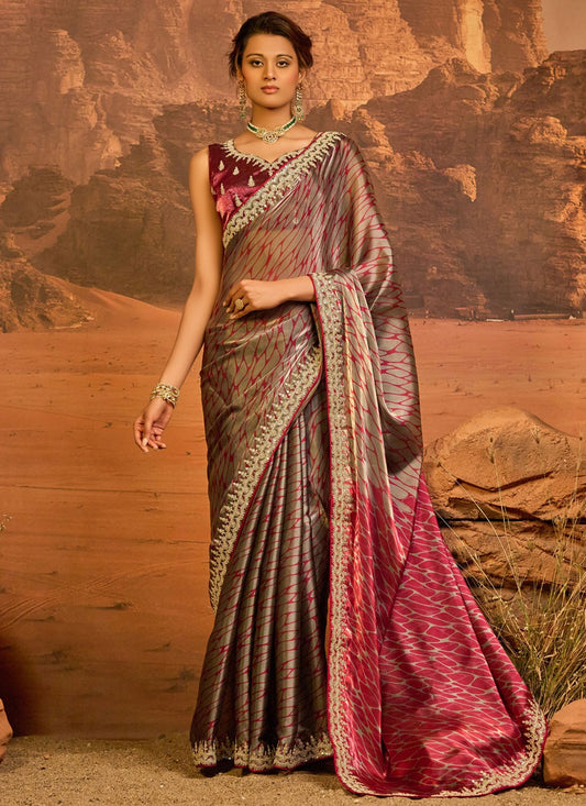 Maroon Jimmy Chu Designer Saree Border Work, Embroidered, Zari S18504