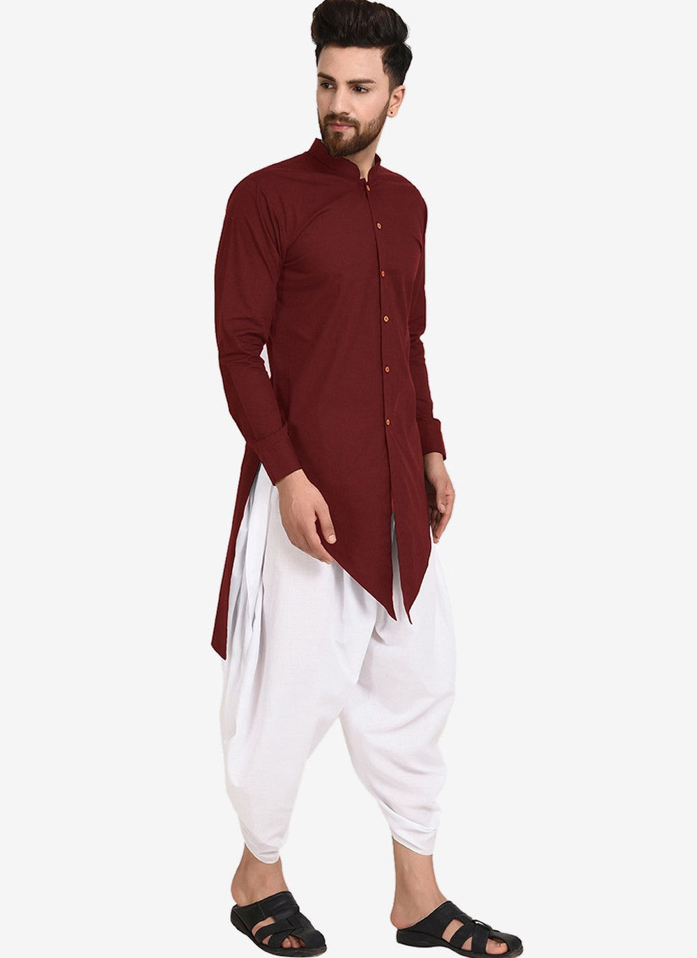 Plain Blended Cotton Maroon Dhoti Kurta - M4466