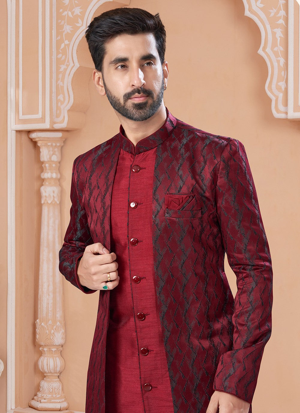 Fancy Work Jacquard Maroon Indo Western Sherwani - M7162