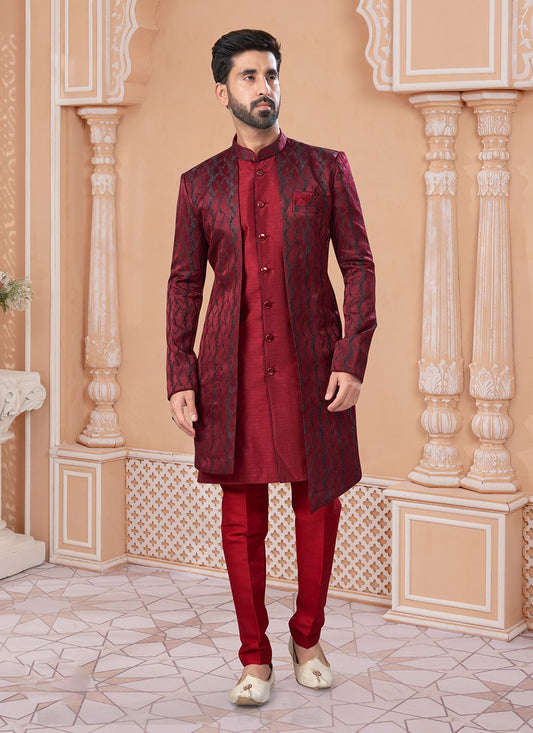 Fancy Work Jacquard Maroon Indo Western Sherwani - M7162