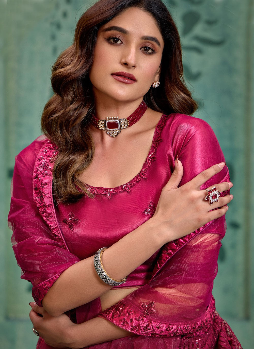 Embroidered Net Maroon Lehenga - L3290