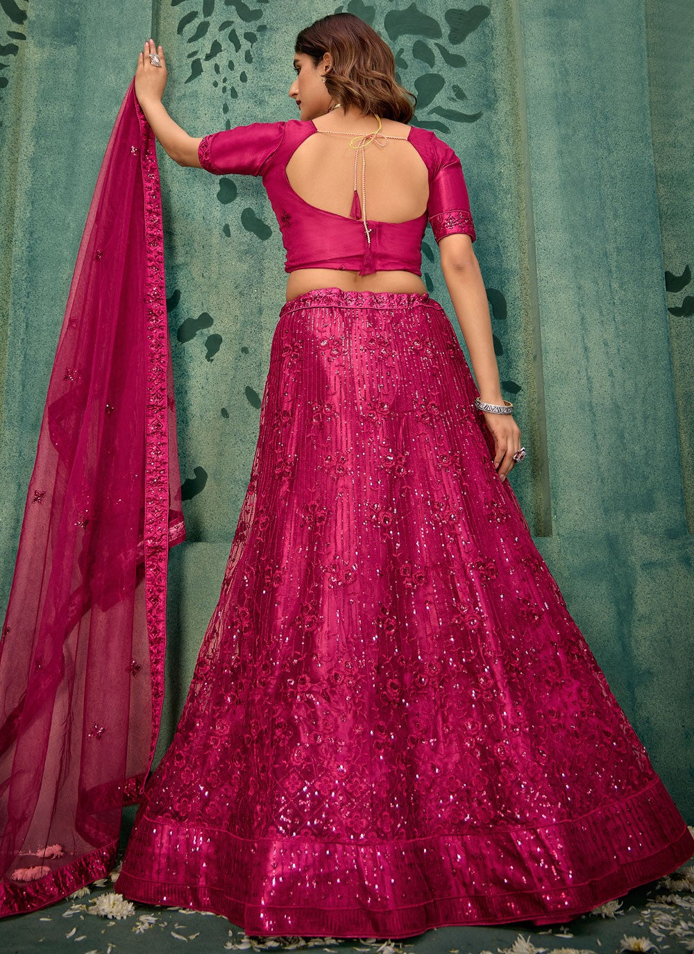 Embroidered Net Maroon Lehenga - L3290