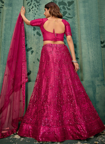 Embroidered Net Maroon Lehenga - L3290