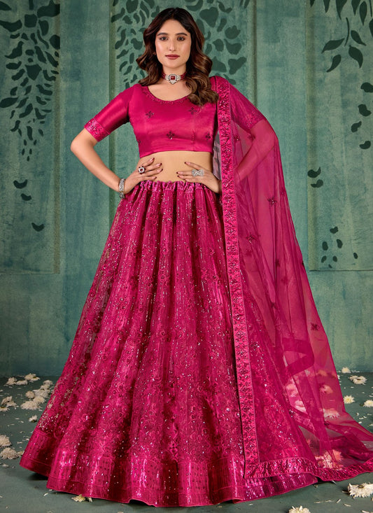 Embroidered Net Maroon Lehenga - L3290