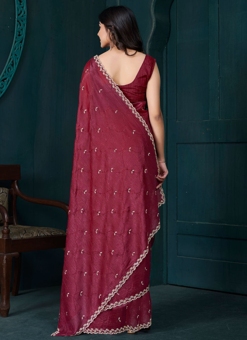 Diamond Crepe Silk Maroon Designer Saree S15086