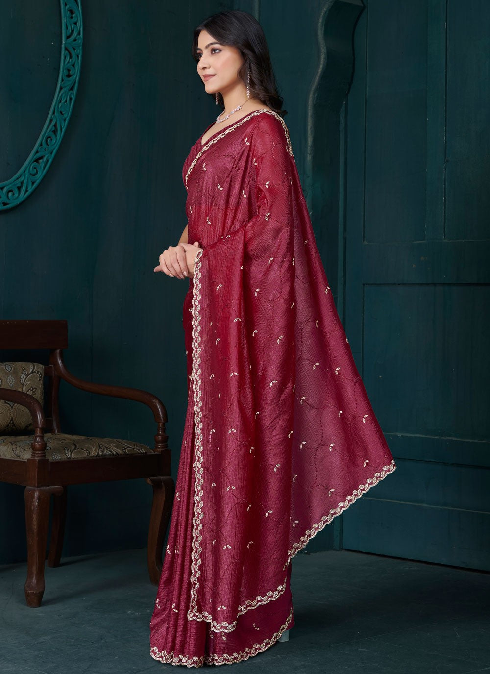 Diamond Crepe Silk Maroon Designer Saree S15086