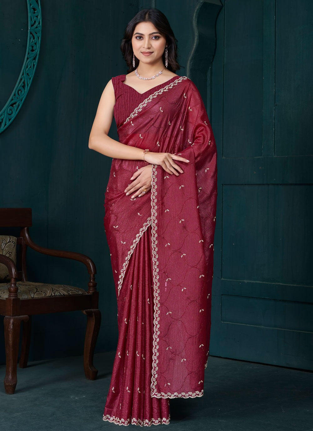 Diamond Crepe Silk Maroon Designer Saree S15086