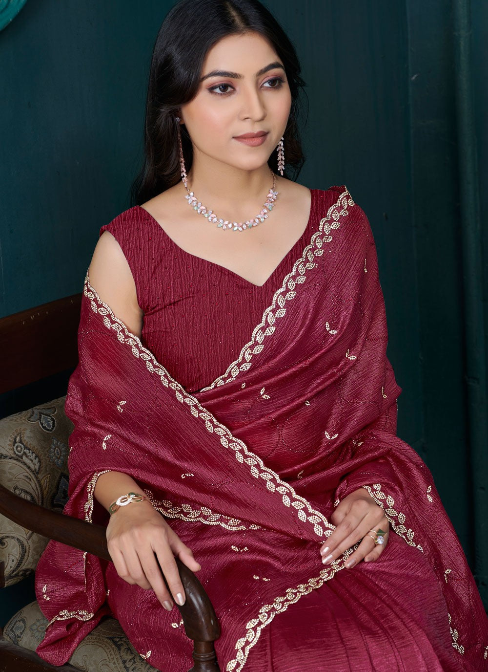 Diamond Crepe Silk Maroon Designer Saree S15086