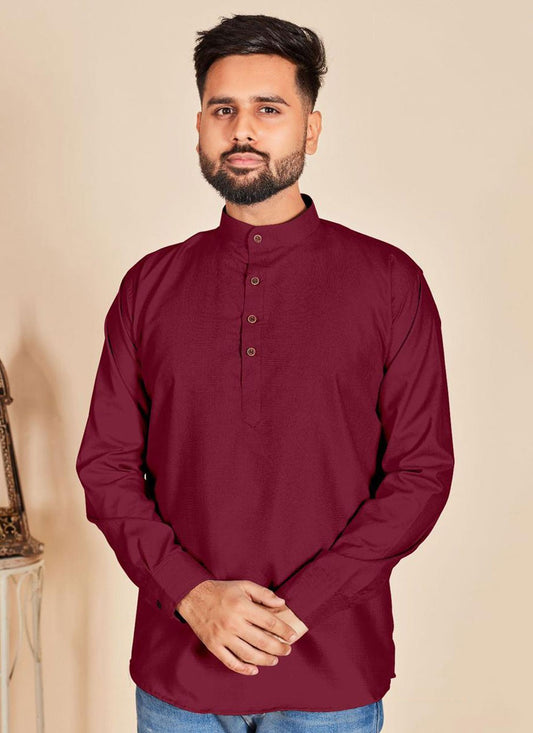 Plain Cotton Maroon Short Kurta - M6785
