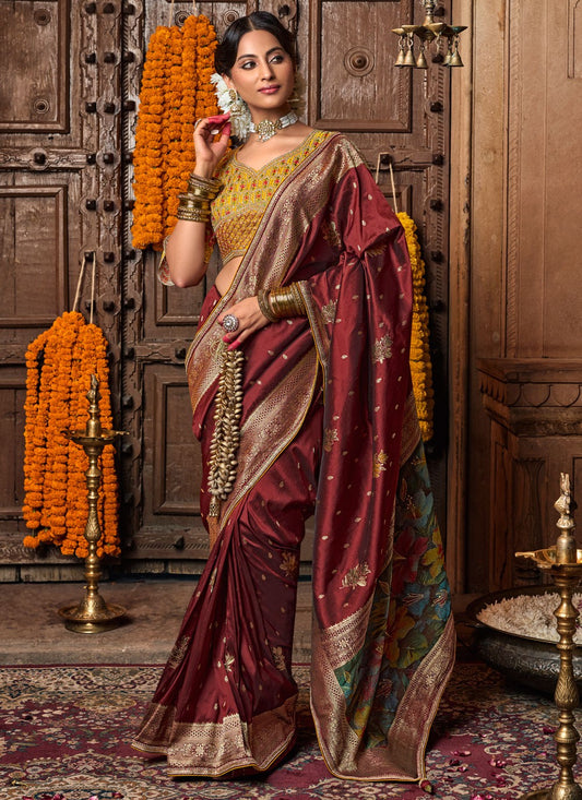 Maroon Pure Silk Contemporary Saree Weaving Zari S19869