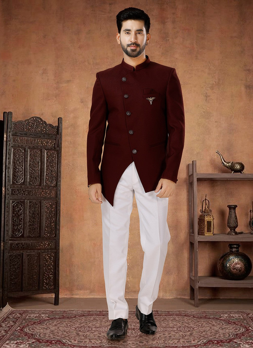 Buttons Rayon Maroon Jodhpuri Suit - M7073