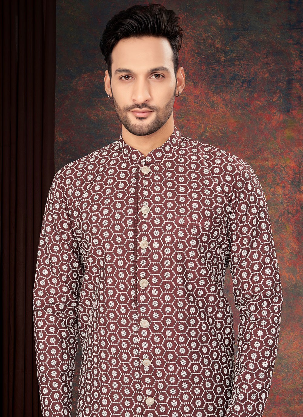 Embroidered Jacquard Maroon Indo Western - M7205