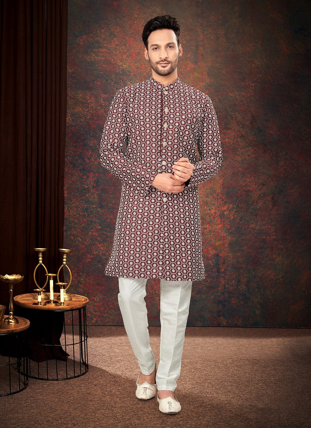 Embroidered Jacquard Maroon Indo Western - M7205