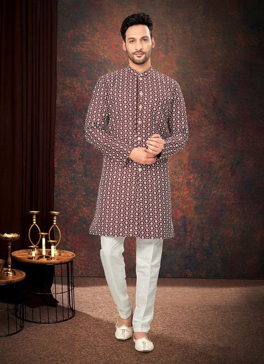 Embroidered Jacquard Maroon Indo Western - M7205