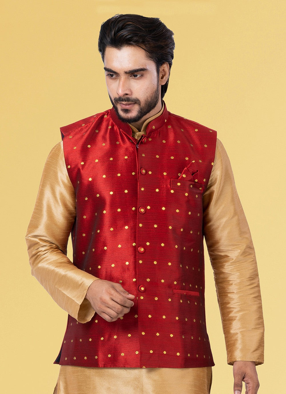 Jacquard Work Silk Maroon Nehru Jackets - M7432