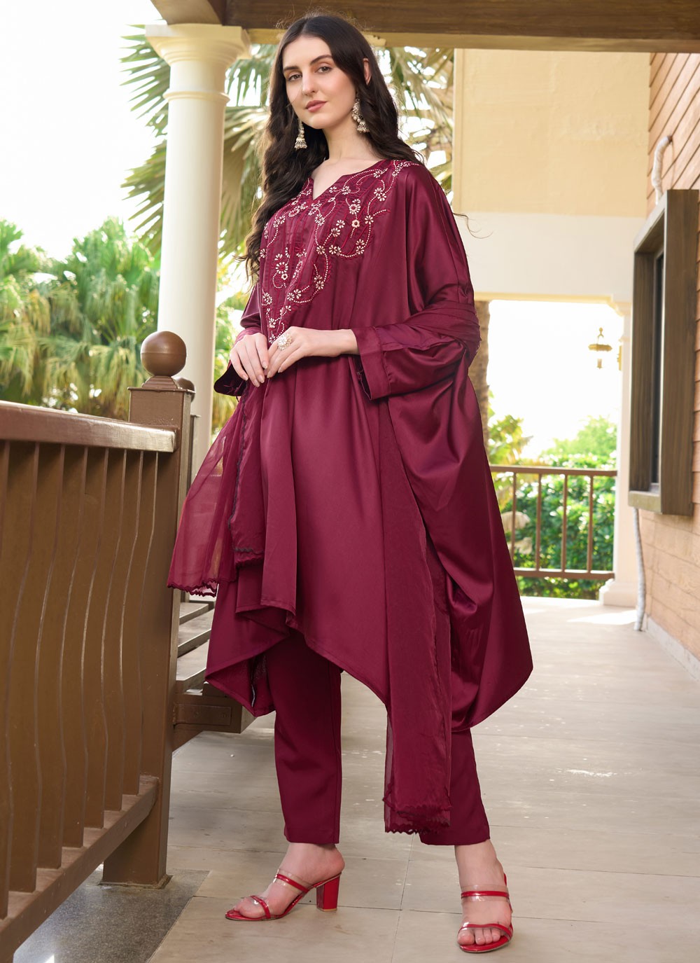 Salwar Suit Embroidered Maroon Satin T5331