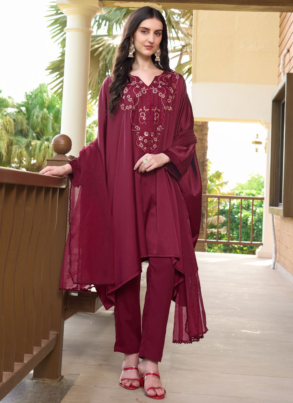Salwar Suit Embroidered Maroon Satin T5331