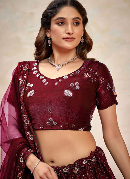 Embroidered Silk Maroon Lehenga - L3271