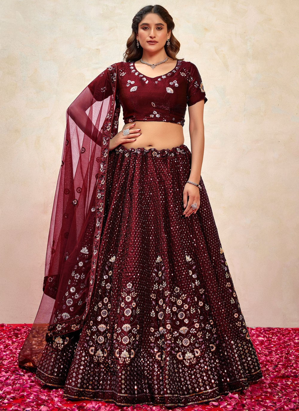 Embroidered Silk Maroon Lehenga - L3271