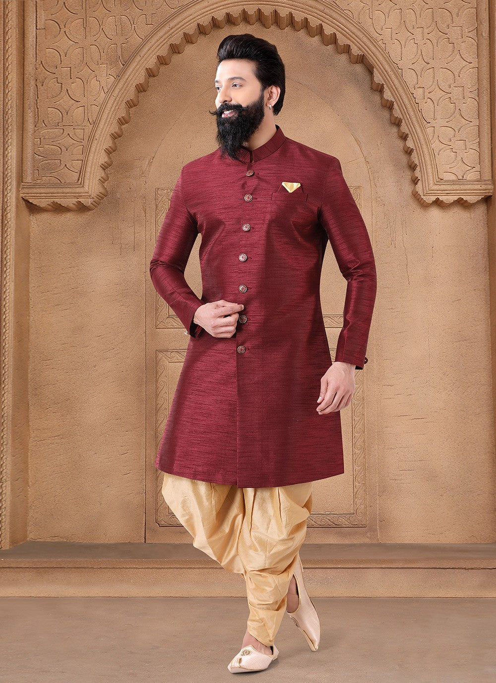 Buttons Silk Maroon Sherwani - M7633