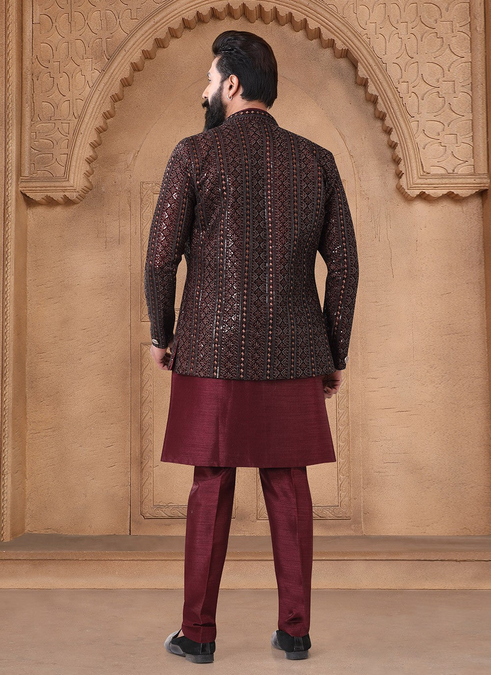 Embroidered Silk Maroon Indo Western - M7672