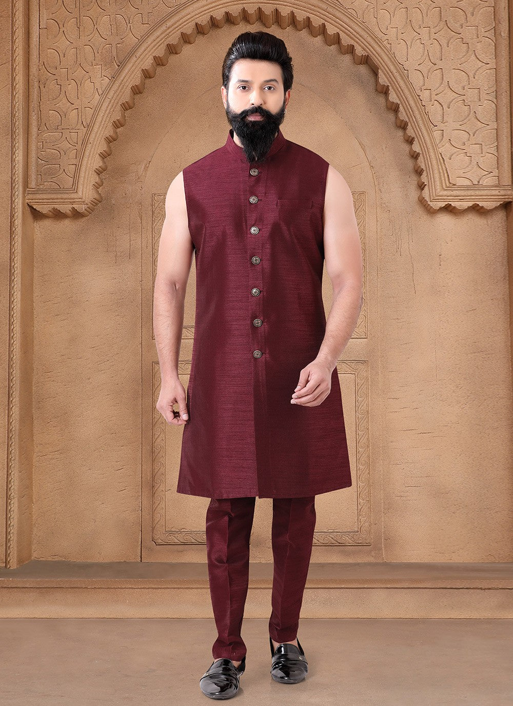 Embroidered Silk Maroon Indo Western - M7672