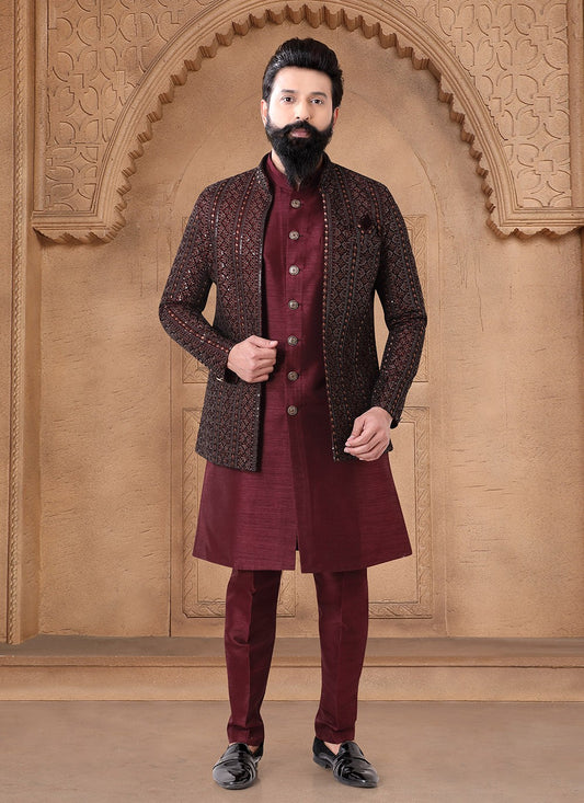 Embroidered Silk Maroon Indo Western - M7672