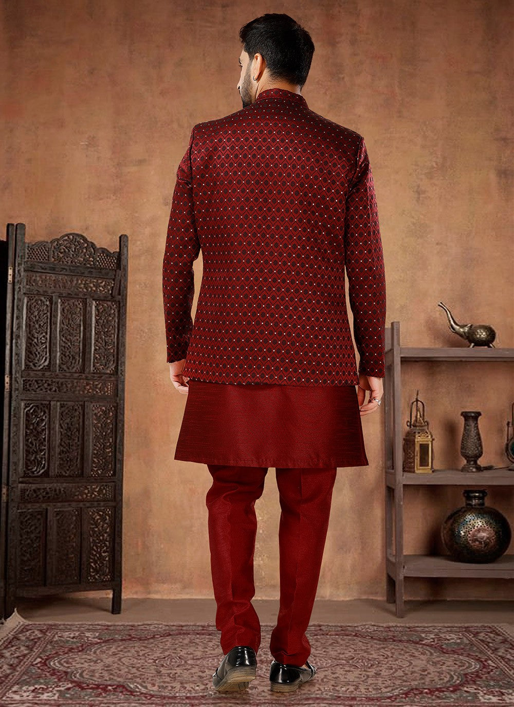 Jacquard Work Jacquard, Silk Maroon Indo Western - M7025