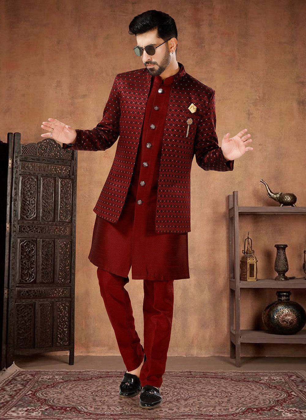 Jacquard Work Jacquard, Silk Maroon Indo Western - M7025