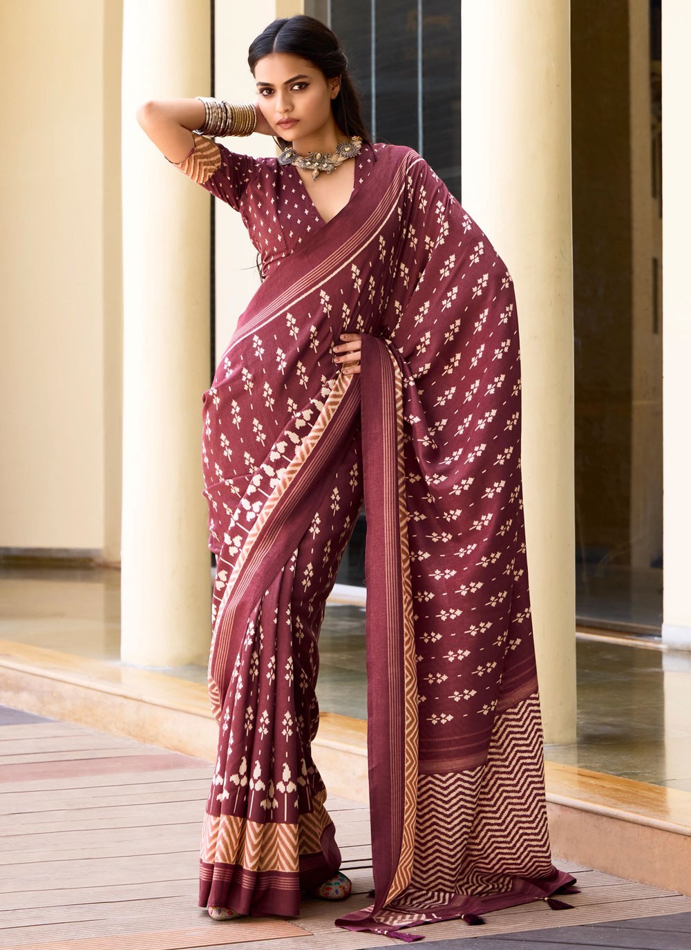 Maroon Silk Contemporary Saree Printed S17075