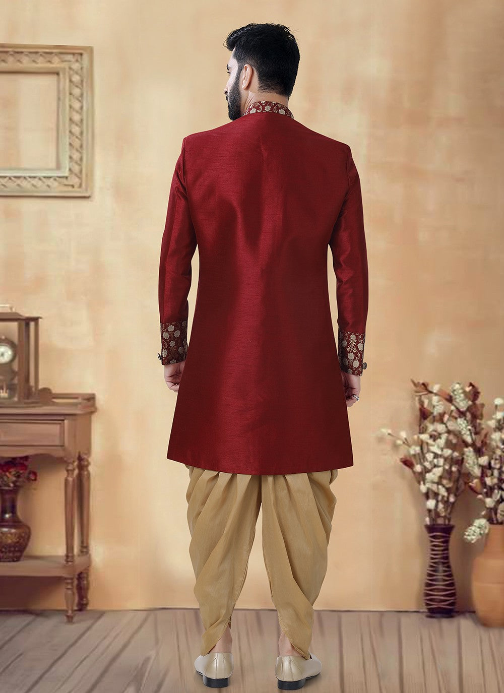 Embroidered Silk Maroon Sherwani - M8502