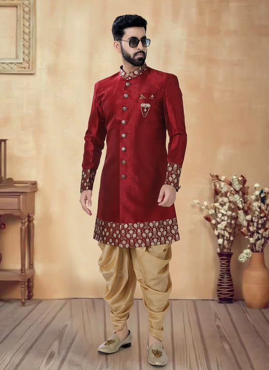 Embroidered Silk Maroon Sherwani - M8502