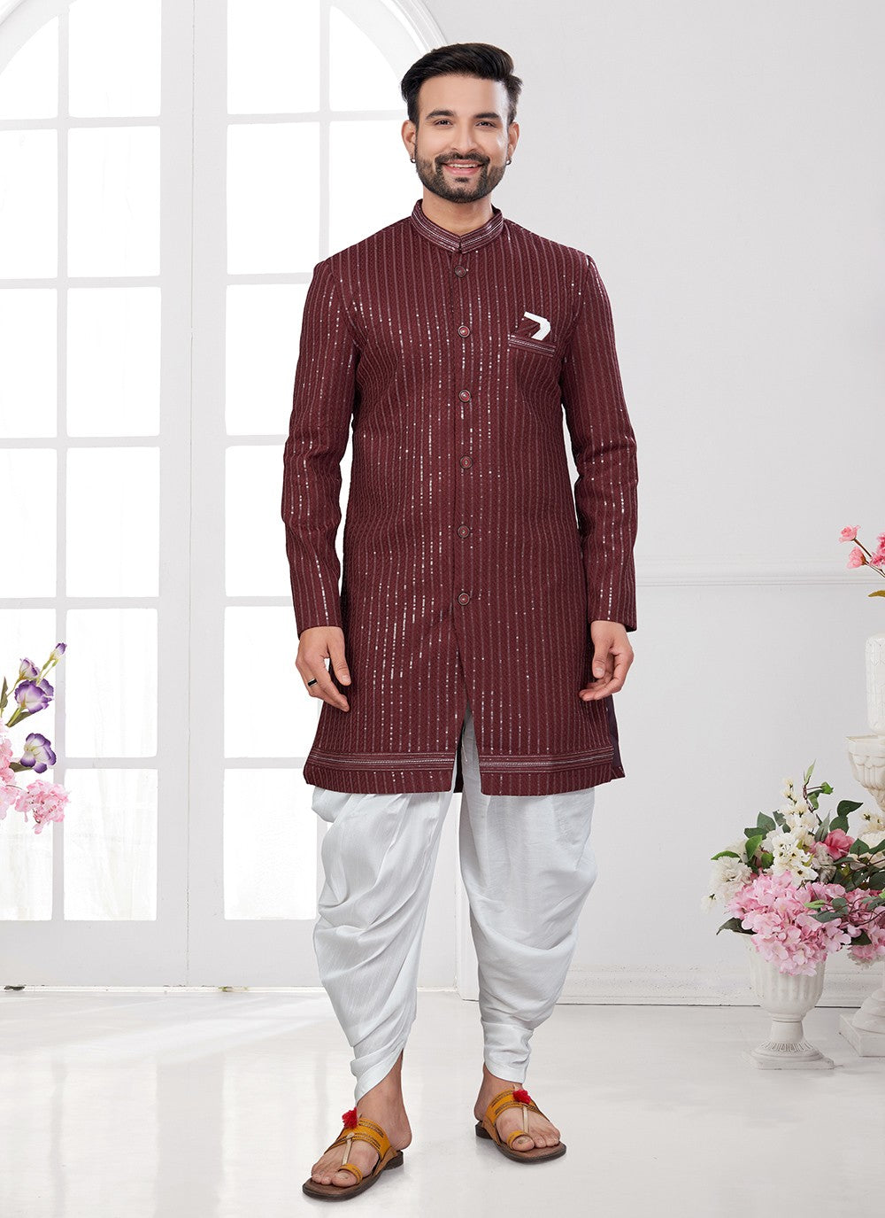 Machine Embroidery Imported, Silk Maroon Sherwani - M8613