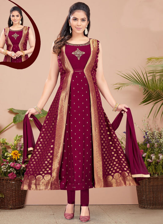 Salwar Suit Weaving Zari Maroon Silk T5228
