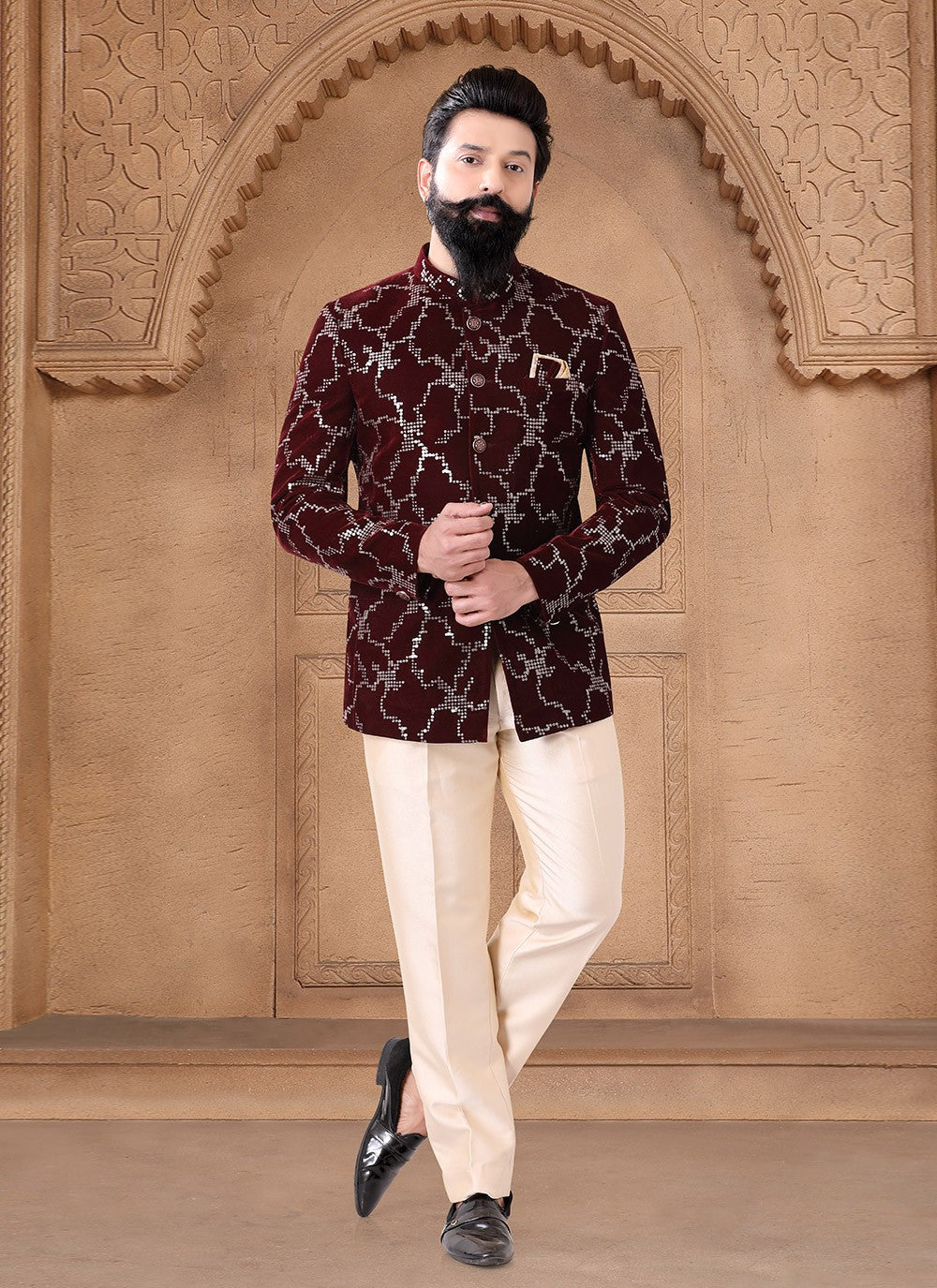 Embroidered Velvet Maroon Jodhpuri Suit - M7626