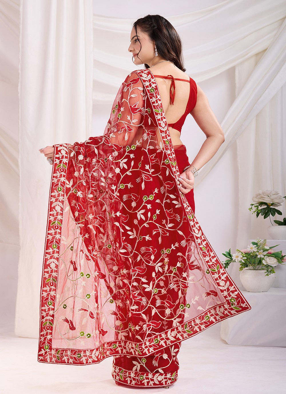 Embroidered Net Maroon Saree S14041