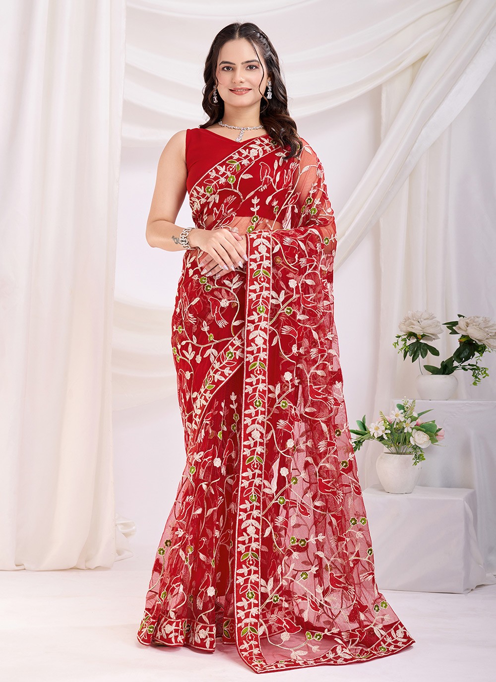 Embroidered Net Maroon Saree S13805