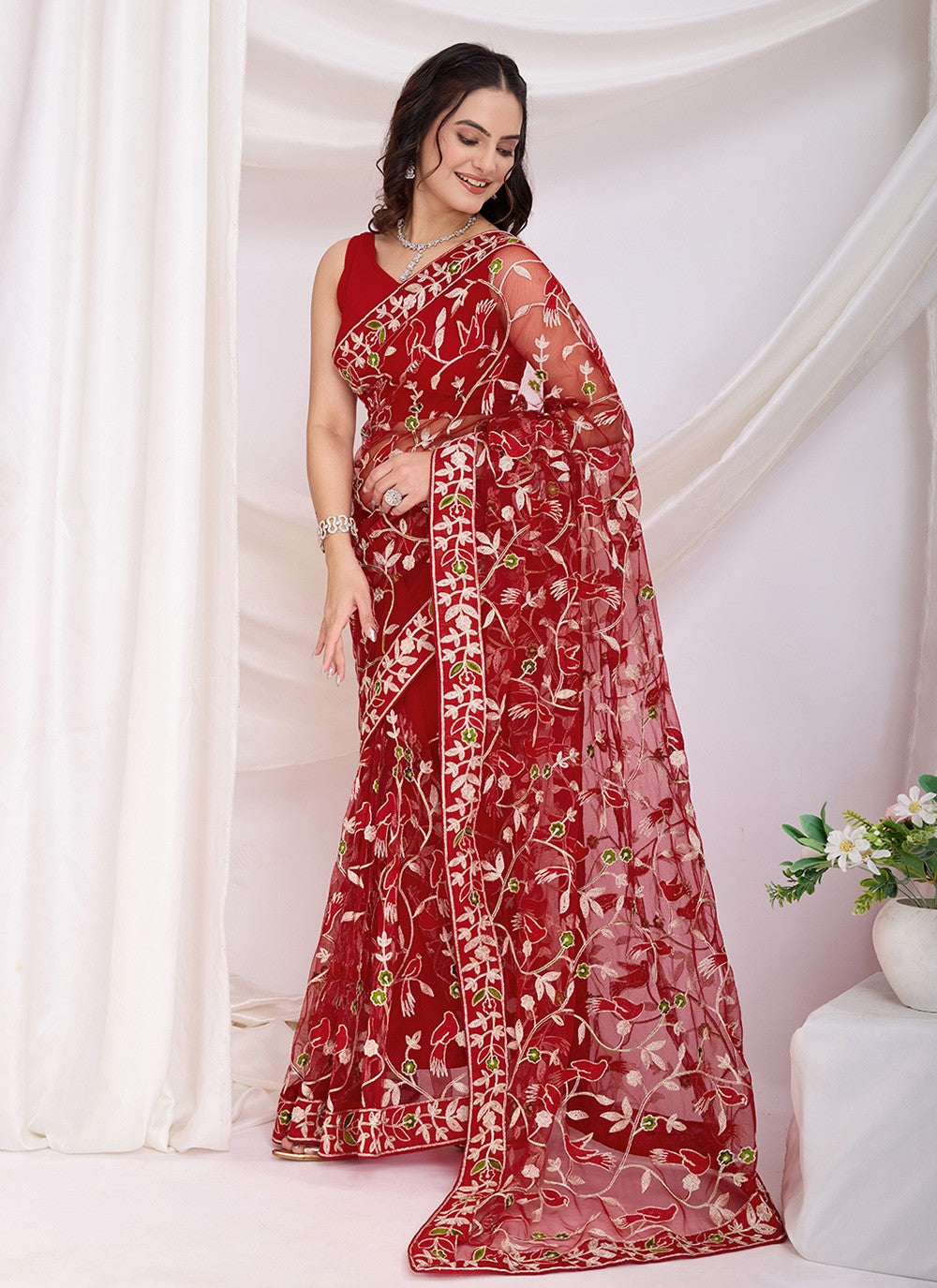 Embroidered Net Maroon Saree S13805