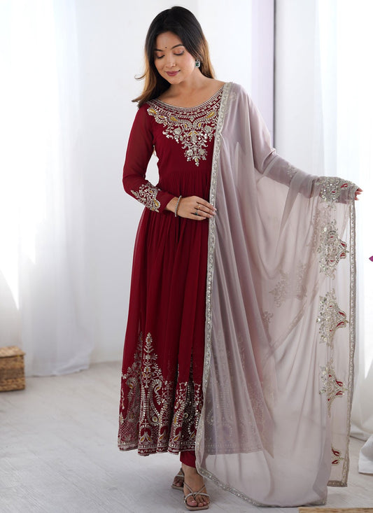 Anarkali Embroidered, Multi Work, Sequins, Thread, Zari Maroon T7575
