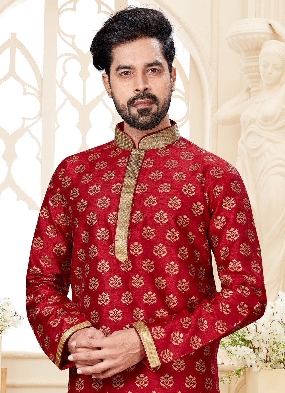 Printed Dupion Silk Maroon Kurta - M5590