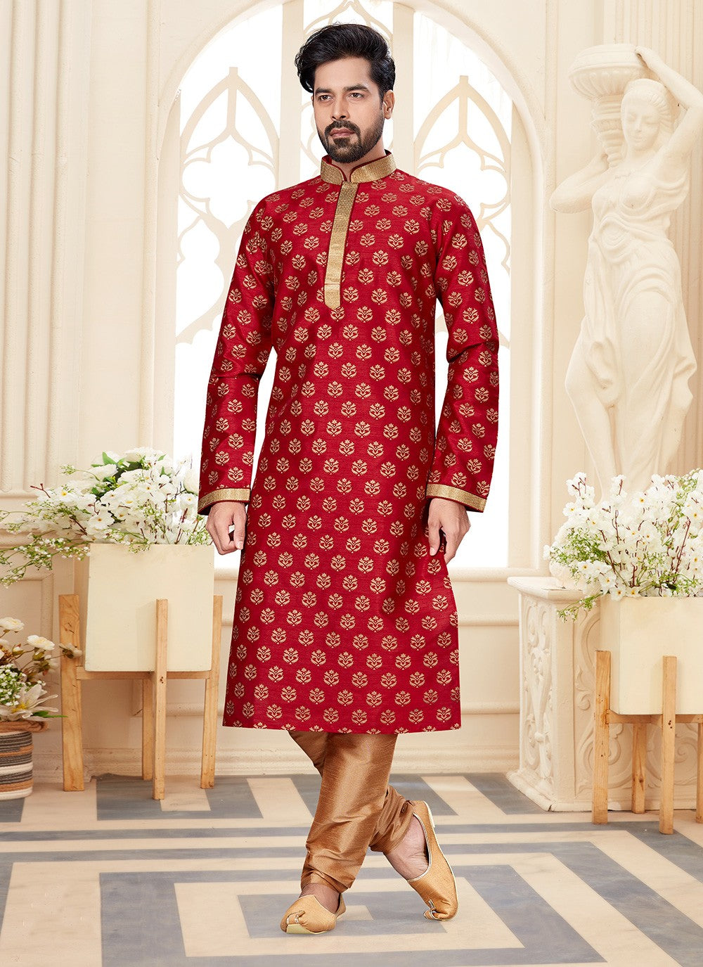 Printed Dupion Silk Maroon Kurta - M5590