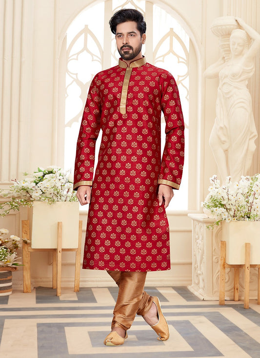 Printed Dupion Silk Maroon Kurta - M5590