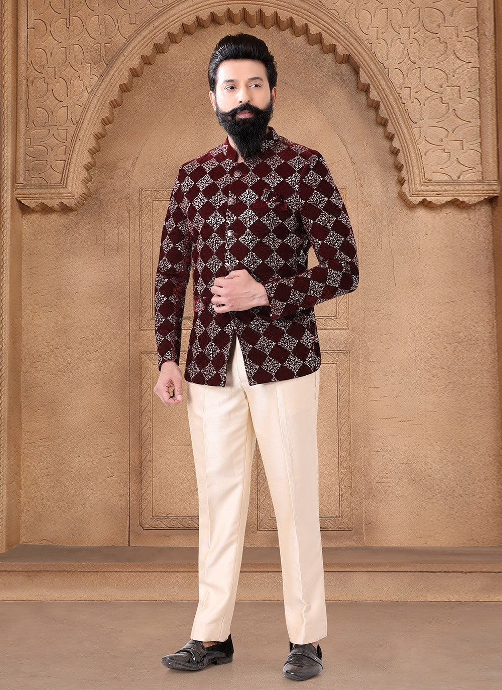 Embroidered Velvet Maroon Jodhpuri Suit - M7625