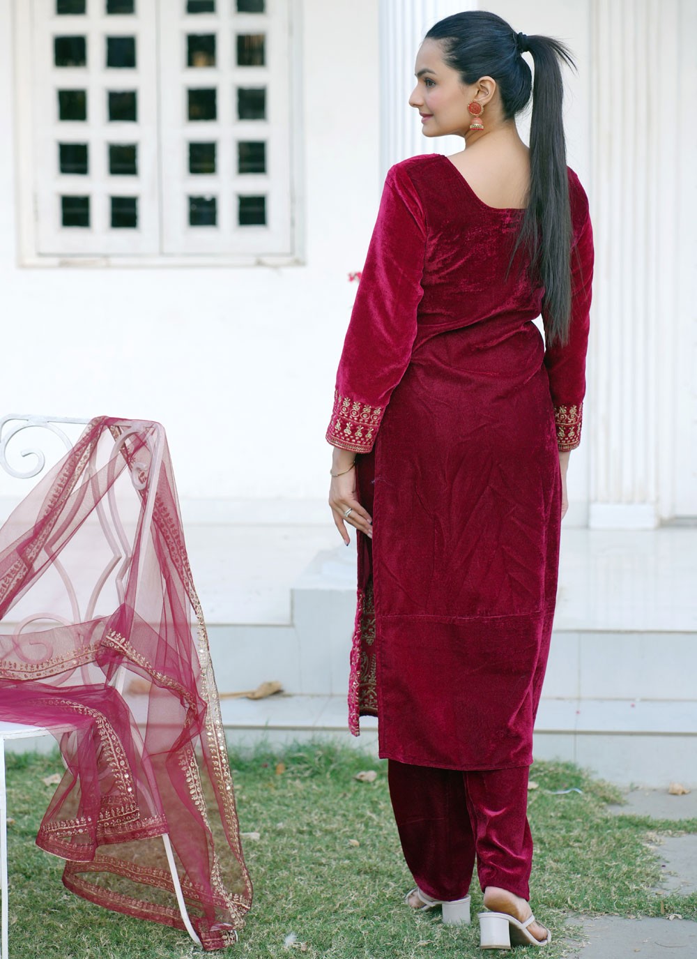 Salwar Suit Embroidered Maroon Velvet T5083