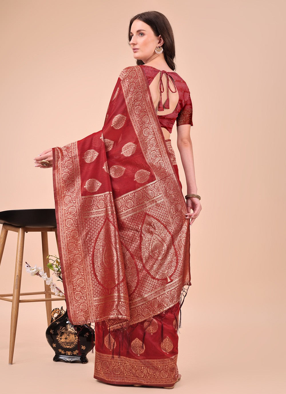 Woven Cotton Maroon Classic Saree S15157