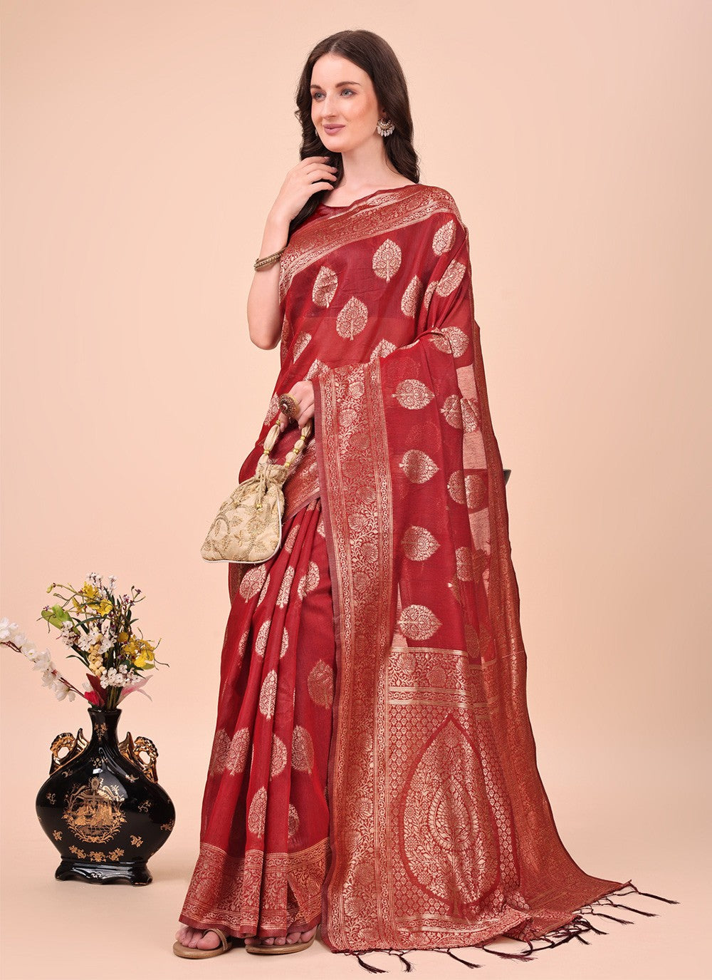 Woven Cotton Maroon Classic Saree S15157