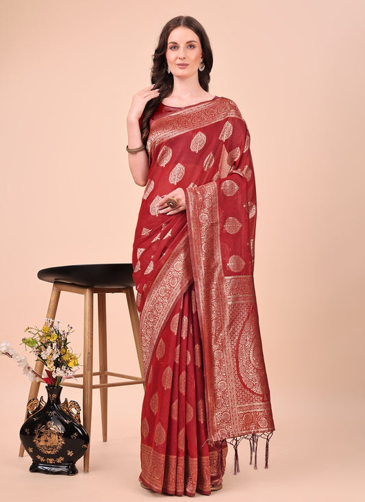 Woven Cotton Maroon Classic Saree S15157